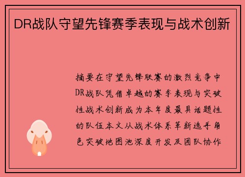 DR战队守望先锋赛季表现与战术创新