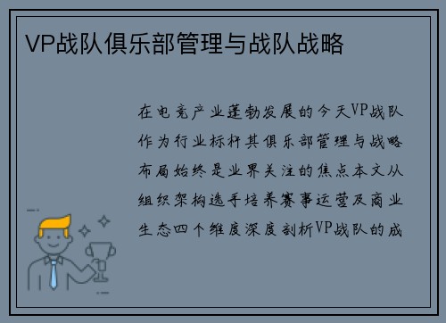 VP战队俱乐部管理与战队战略