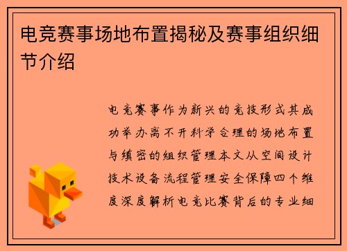 电竞赛事场地布置揭秘及赛事组织细节介绍